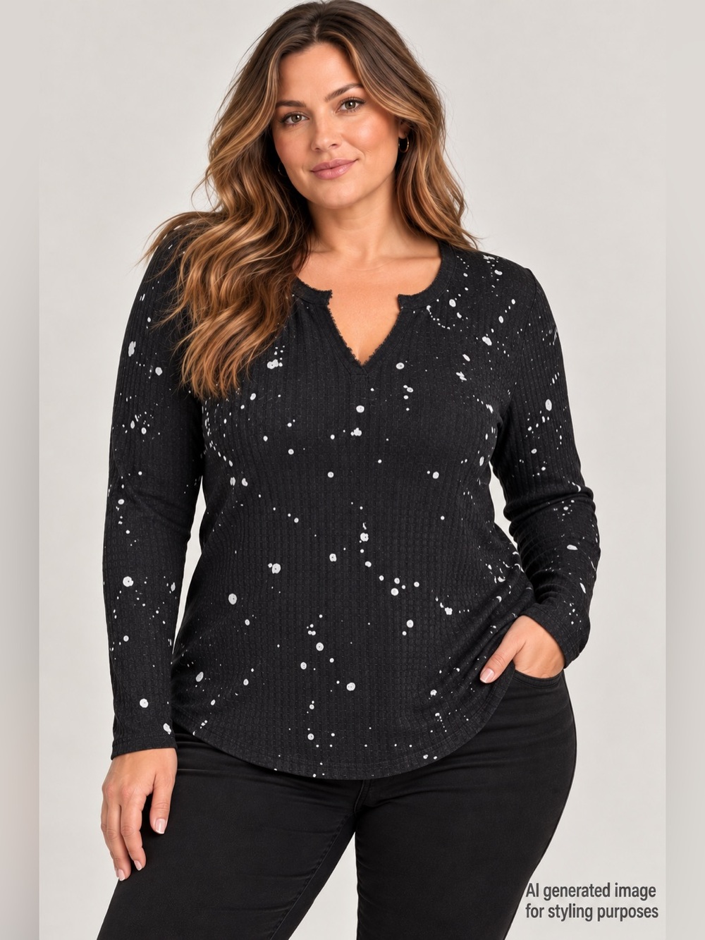 Torrid Women’s Black Paint Splatter Long-Sleeve Henley SZ 2X